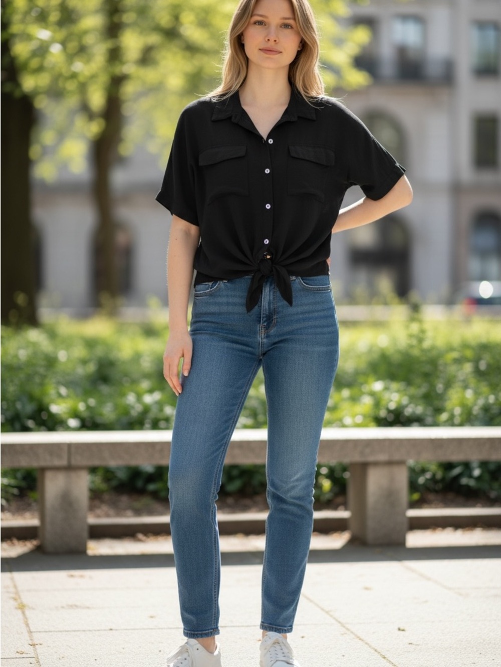 Black Button-Front Tie Shirt - Short Sleeve